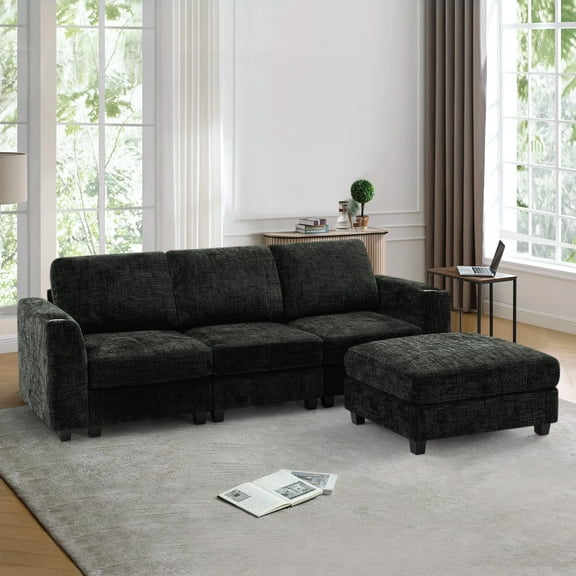 ACMEASE 87" Chenille 3 Seater Sofa w/Movable Ottoman, Modular Sectional Sofa w/Cup Holders, Modern L Couch w/Deep Seat Space for living Room, Black