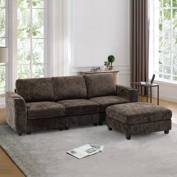ACMEASE 87" Chenille 3 Seater Sofa w/Movable Ottoman, Modular Sectional Sofa w/Cup Holders, Modern L Couch w/Deep Seat Space for living Room, Brown
