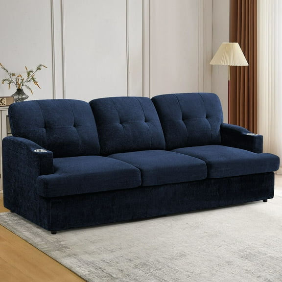 ACMEASE 89 Inches Chenille 3-Seats Sofa w/Cup Holders, Modern Couch w/Tufted Backrest Cushion, Upholstered Sofa for Apartment, Living Room, Office, Blue