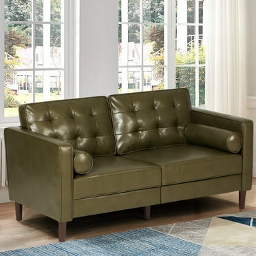 ACMEASE Classic Faux Leather Tufted Backrest Loveseat with Two Bolster Pillows, Olive Green
