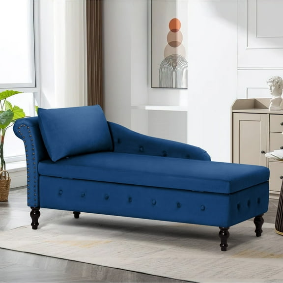 ACMEASE Modern Velvet Chaise Lounge Velvet With Right Armrest and Storage, Blue