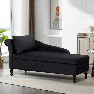 ACMEASE Modern Velvet Tufted Storage Chaise Lounge Chair with Lumbar Pillow, Black
