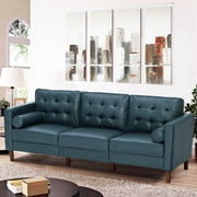 ACMEASE Premium Faux Leather 3-Seater Sofa with Two Bolster Pillows and Tufted Backrest, Blue