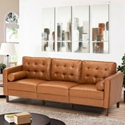ACMEASE Premium Faux Leather 3-Seater Sofa with Two Bolster Pillows and Tufted Backrest, Brown