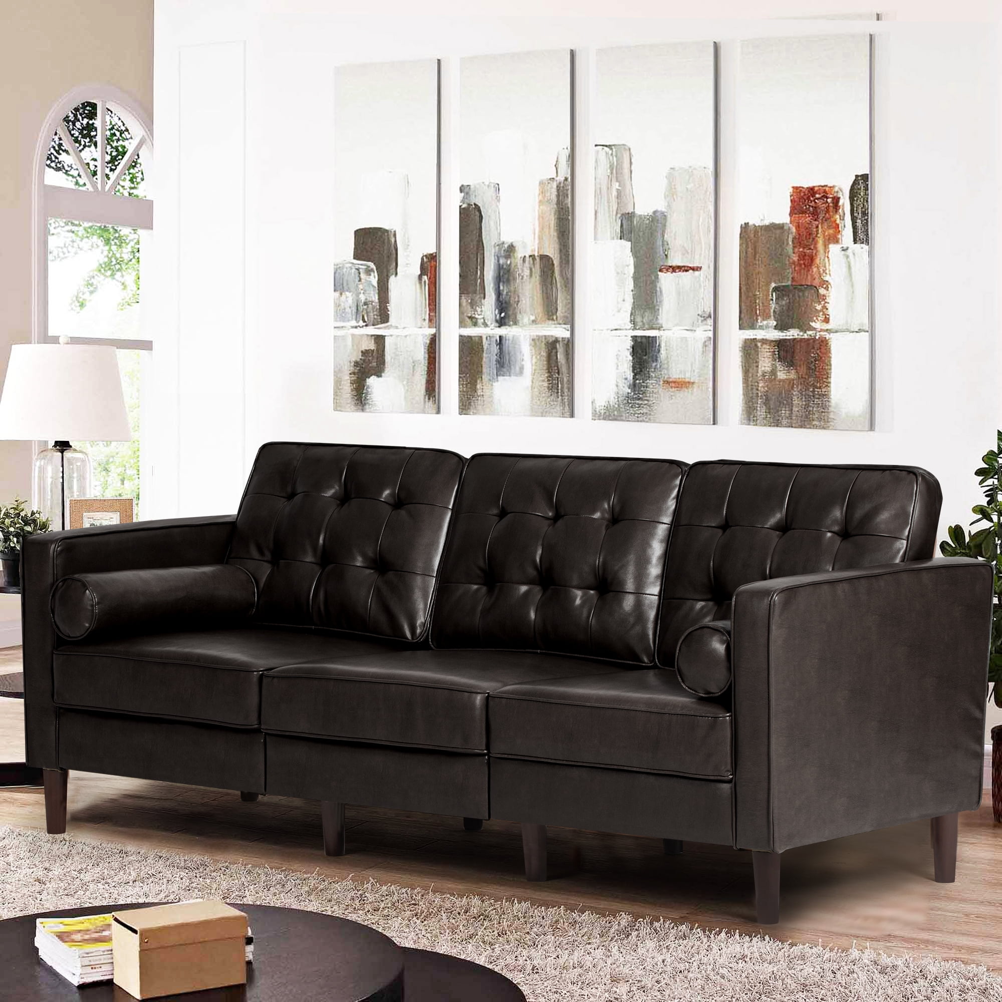 ACMEASE Premium Faux Leather 3 Seater Sofa with Two Bolster Pillows and Tufted Backrest Charcoal