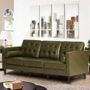 ACMEASE Premium Faux Leather 3-Seater Sofa with Two Bolster Pillows and Tufted Backrest, Olive Green