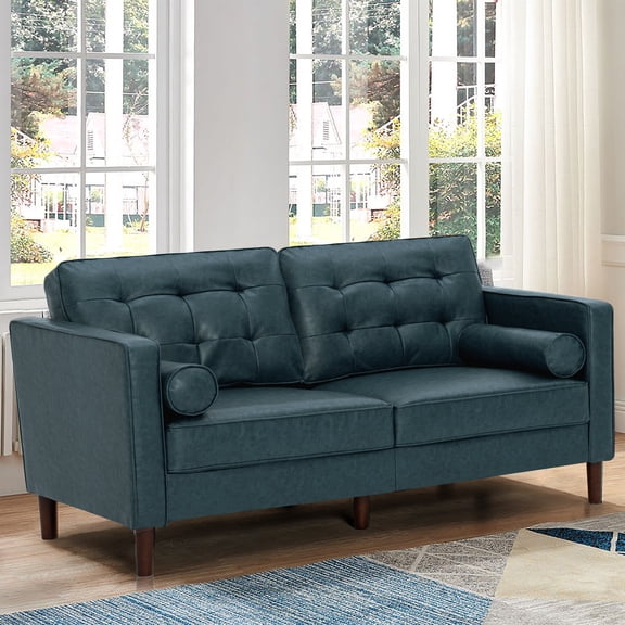 ACMEASE Premium Faux Leather Loveseat Sofa with Two Bolster Pillows and Tufted Backrest, Blue
