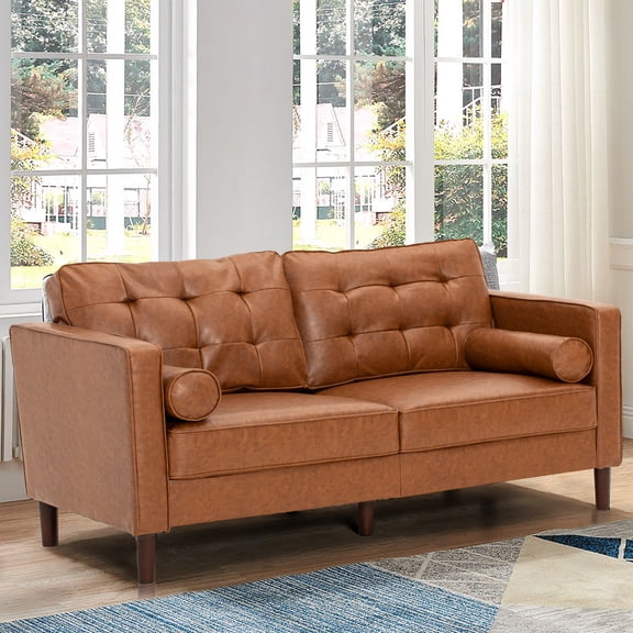 ACMEASE Premium Faux Leather Loveseat Sofa with Two Bolster Pillows and Tufted Backrest, Brown