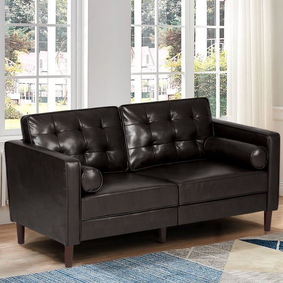 ACMEASE Premium Faux Leather Loveseat Sofa with Two Bolster Pillows and Tufted Backrest, Dark Brown