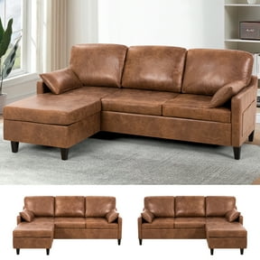 ACMEASE Sectional Sofa Couch with Reversible Chaise, Suede Fabric L Shaped Sofa w/USB Charger Ports & Storage Bag, Convertible Modern Couch w/Storage Space for Living Room, Small Space, Brown