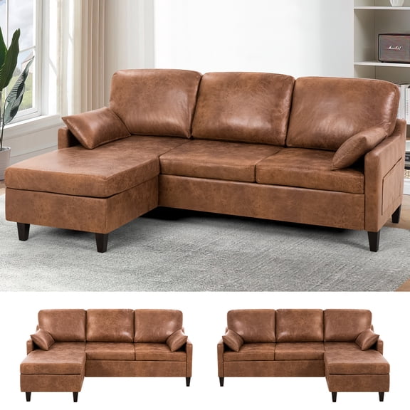 ACMEASE Sectional Sofa Couch with Reversible Chaise, Suede Fabric L Shaped Sofa w/USB Charger Ports & Storage Bag, Convertible Modern Couch w/Storage Space for Living Room, Small Space, Brown