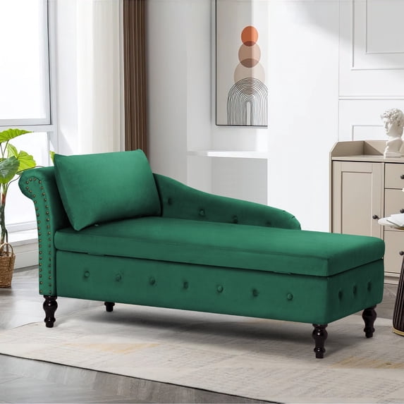 ACMEASE Upholstered Chaise Lounge with Left Armrest & Lumbar Pillow,Button Tufted Indoor Lounge Chair with Storage, Modern Velvet Lounge Chair for Bedroom, Living Room and Office, Green