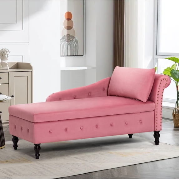 ACMEASE Upholstered Chaise Lounge with Right Armrest & Lumbar Pillow,Button Tufted Lounge Sofa with Storage,Lounge Chair Indoor,Modern Velvet Lounge Chair for Bedroom, Living Room and Office, Pink