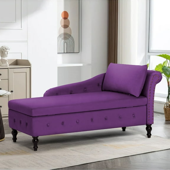 ACMEASE Upholstered Chaise Lounge with Right Armrest & Lumbar Pillow,Button Tufted Lounge Sofa with Storage,Lounge Chair Indoor,Modern Velvet Lounge Chair for Bedroom, Living Room and Office, Purple
