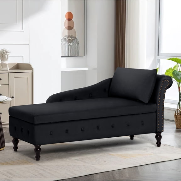 ACMEASE Upholstered Chaise Lounge with Right Armrest & Lumbar Pillow,Button Tufted Lounge Sofa with Storage,Lounge Chair Indoor,Modern Velvet Lounge Chair for Bedroom, Living Room and Office, Black