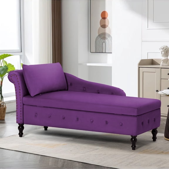 ACMEASE Upholstered Velvet Chaise Lounge with Left Armrest & Storage Space,Button Tufted Lounge Chair w/Lumbar Pillow,Modern Lounge Chair for Bedroom, Living Room and Office,Purple