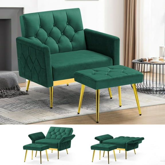ACMEASE Velvet Accent Chair w/Adjustable Armrests and Backrests, Tufted Single Sofa with Ottoman, Upholstered Reading Chiar for Living Room, Apartment, Bedroom, Green