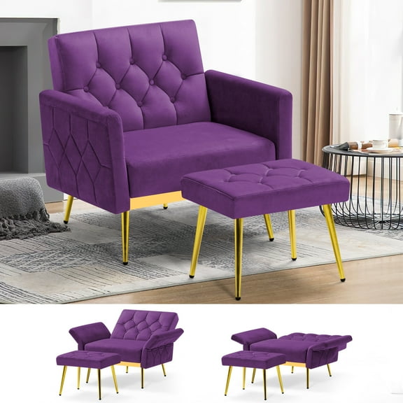 ACMEASE Velvet Accent Chair w/Adjustable Armrests and Backrests, Tufted Single Sofa with Ottoman, Upholstered Reading Chiar for Living Room, Apartment, Bedroom, Purple