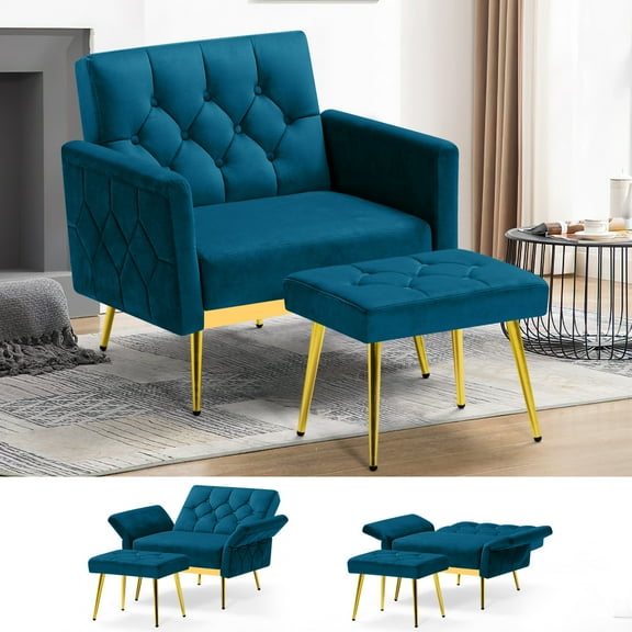 ACMEASE Velvet Accent Chair w/Adjustable Armrests and Backrests, Tufted Single Sofa with Ottoman, Upholstered Reading Chiar for Living Room, Apartment, Bedroom, Teal