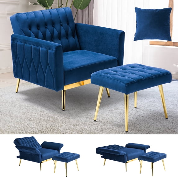 ACMEASE Velvet Accent Chair with Adjustable Armrests and Backrest,Single Recliner Armchair with Ottoman, Blue