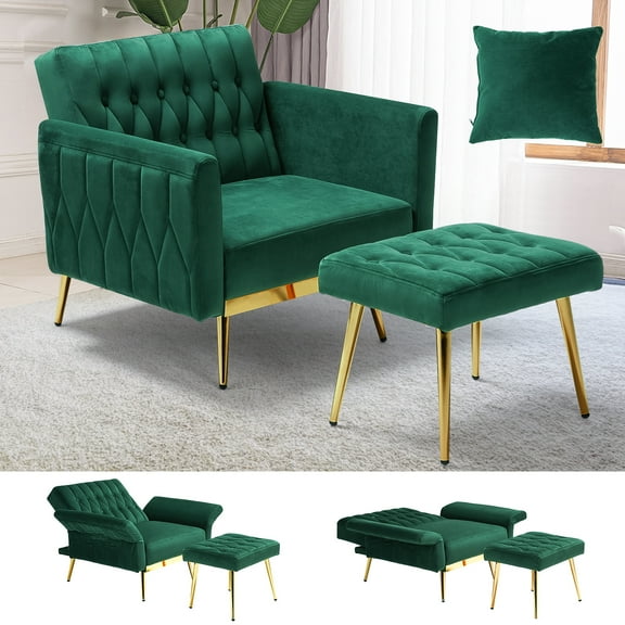 ACMEASE Velvet Accent Chair with Adjustable Armrests and Backrest,Single Recliner Armchair with Ottoman, Green