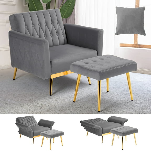 ACMEASE Velvet Accent Chair with Adjustable Armrests and Backrest,Single Recliner Armchair with Ottoman, Light Grey