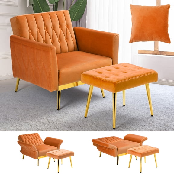 ACMEASE Velvet Accent Chair with Adjustable Armrests and Backrest,Single Recliner Armchair with Ottoman,Orange