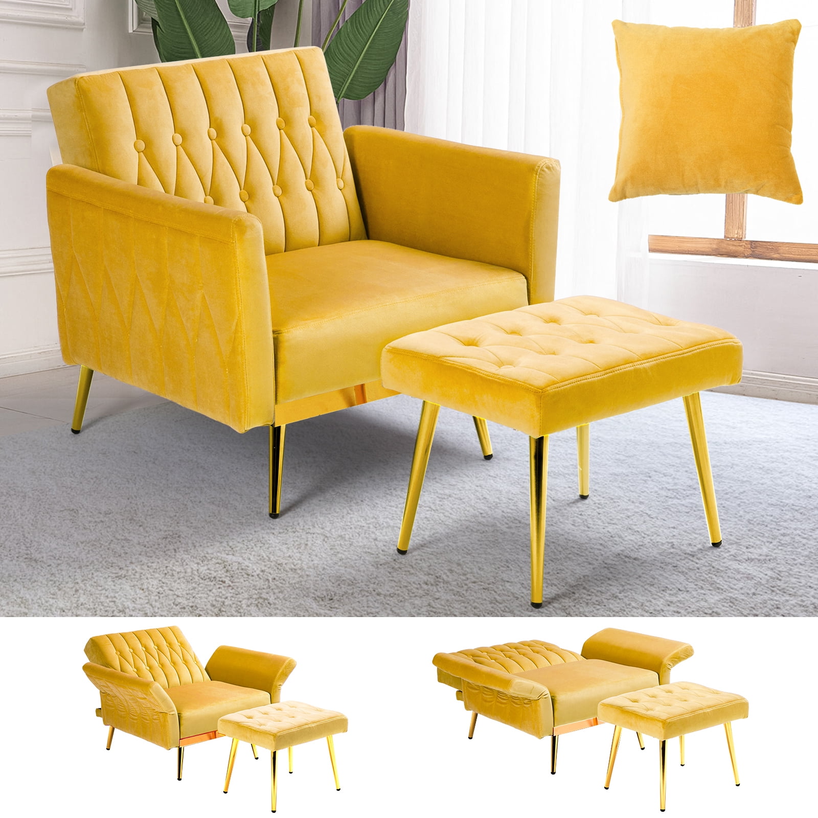 ACMEASE Velvet Accent Chair with Adjustable Armrests and Backrest Single Recliner Armchair with Ottoman Yellow