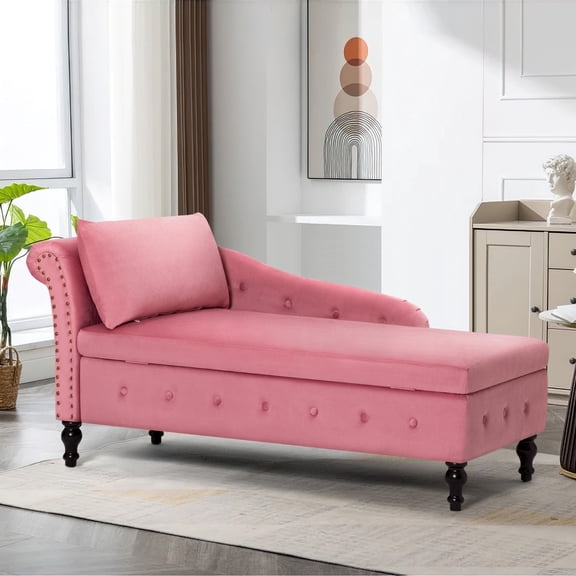 ACMEASE Velvet Lounge Chair with Storage Button Tufted Right Armrest Lumbar Pillow, Pink