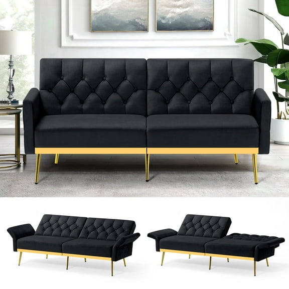 ACMEASE Velvet Sofa Bed w/Adjustable Armrests & Backrests, Modern Convertible Sleeper Sofa, Tufted Futon Sofa for Bedroom, Living Room, Apartment, Black