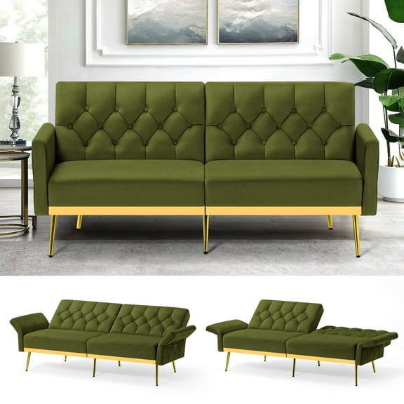 ACMEASE Velvet Sofa Bed w/Adjustable Armrests & Backrests, Modern Convertible Sleeper Sofa, Tufted Futon Sofa for Bedroom, Living Room, Apartment, Olive Green