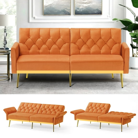 ACMEASE Velvet Sofa Bed w/Adjustable Armrests & Backrests, Modern Convertible Sleeper Sofa, Tufted Futon Sofa for Bedroom, Living Room, Apartment, Orange