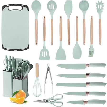 ACMETOP 19 Pieces Kitchen Utensils Set-11 Silicone Cooking Utensils Set, 6 Stainless Steel Sharp Knife set, 2 Cutting Board and Holder (Light Green)