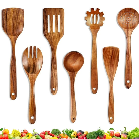 ACMETOP Wooden Spoons for Cooking, 7 Pcs Natural Teak Kitchen Utensil Set, Wooden Cooking Utensils Set for Nonstick Pans & Cookware