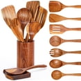 ACMETOP Natural Teak Kitchen Utensils, 9pc Set with Spoon Rest & Comfort Grip