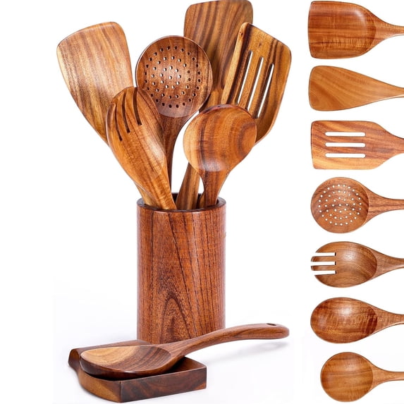 ACMETOP Wooden Spoons for Cooking, 9 Pcs Natural Teak Wooden Utensil Set,Kitchen Utensil Set with Utensils Holder & Spoon Rest, Wooden Cooking Utensils for Nonstick Pans & Cookware,Best Gift for Mom