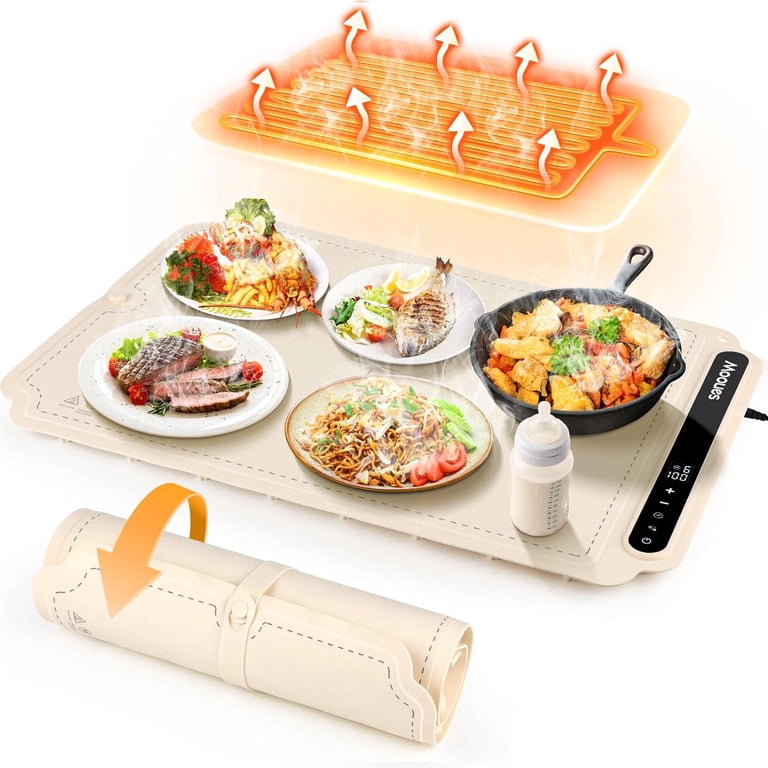 Electric Food Warming Mat - Portable Buffet Warmer With 3 Temp Settings & Timer, Auto Shut-Off, Beige, Fast Heating For Parties