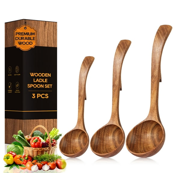 ACMETOP Wooden Ladle Spoon Set – 3 Sizes Teak Wood Soup Spoons with Back Hooks for Cooking & Serving – Heat Resistant, Non-Stick, Comfortable Grip