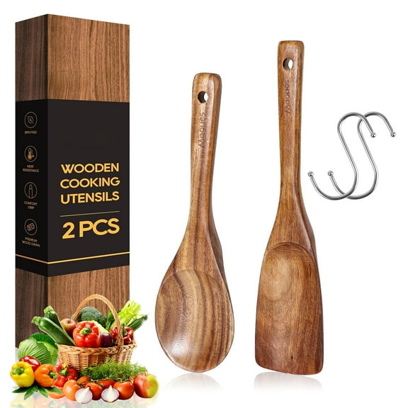 ACMETOP Wooden Cooking Utensils Set – 2 Pcs Teak Wood Spoons for Nonstick Cookware, Including Rice Scooper & Soup Ladle – Heat Resistant & BPA-Free