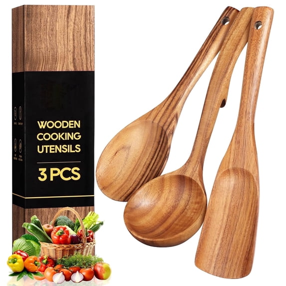 ACMETOP Wooden Cooking Utensil Set, 3 pcs Teak Wood Spoons, Heat Resistant & BPA-Free