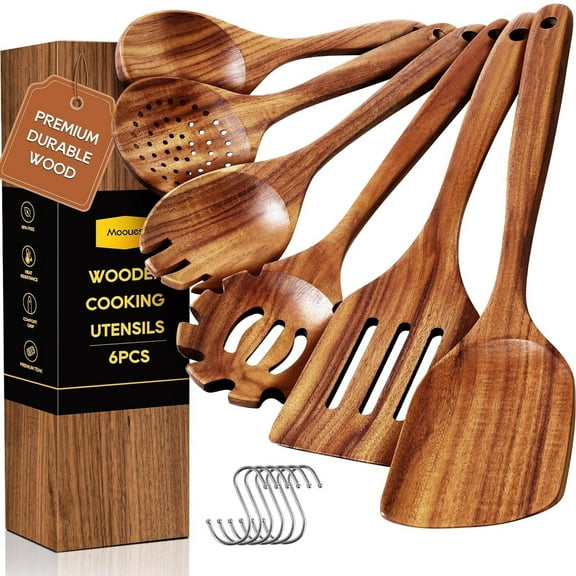 ACMETOP 6-Piece Natural Teak Wooden Spoons for Cooking With 10 Hooks,Handcrafted Kitchen Utensils Set ,Ideal Gift Set