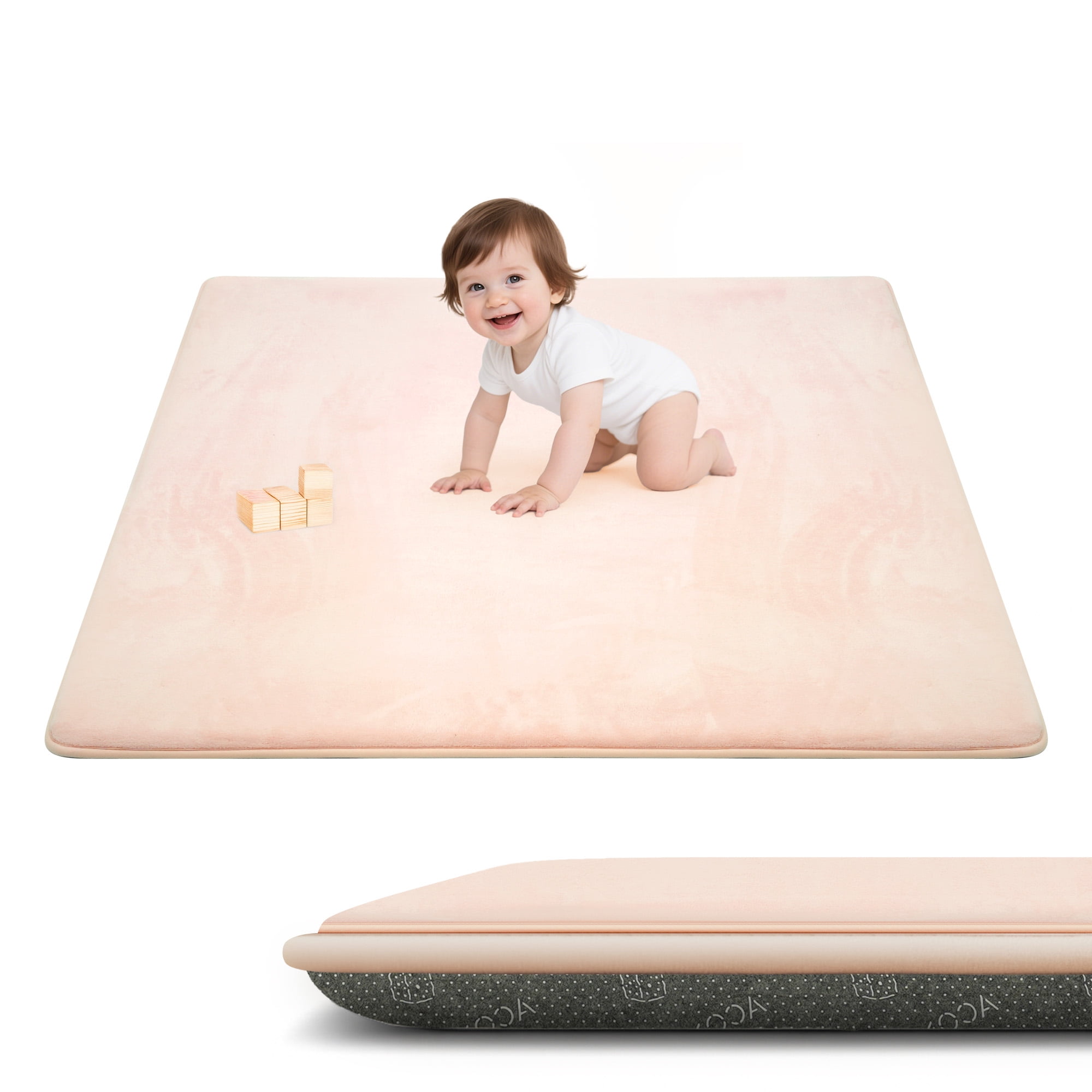 ACOMOPACK 1.3" Thick Baby Play Mat for Floor 50x50"-Memory Foam Water-Repellent Playpen Mat for Tummy Time,Non-Slip Soft Velvet Nursery Rug for Kids,Toddlers,Infants Crawling（Blush）