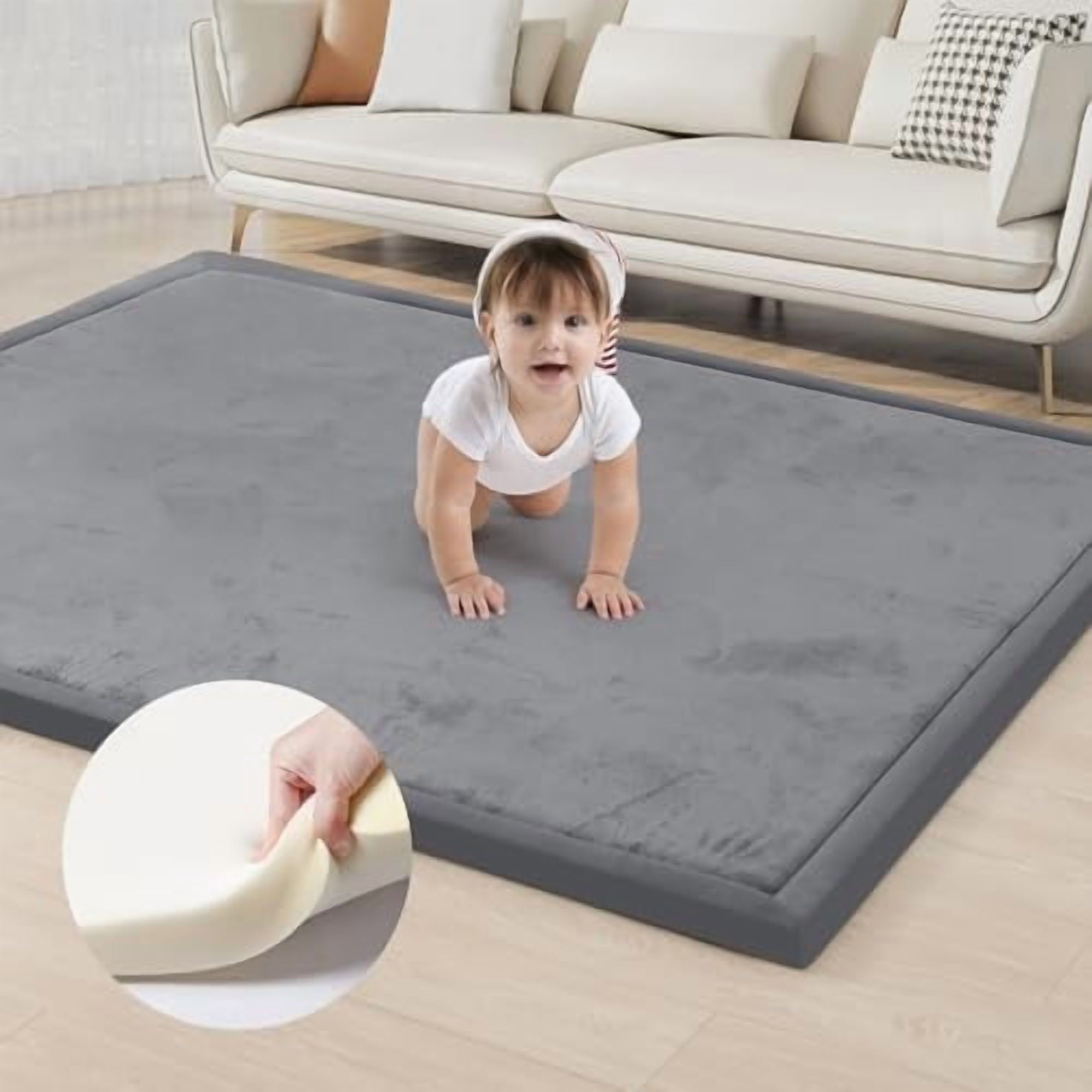 ACOMOPACK Baby Play Mat for Floor 1.3" Thick Memory Foam Play Mat 39"×59" Tummy Time Crawling with Non-Slip Bottom for Living Room,Nursery,Soft Velvet Playpen Mats for Kids,Infants
