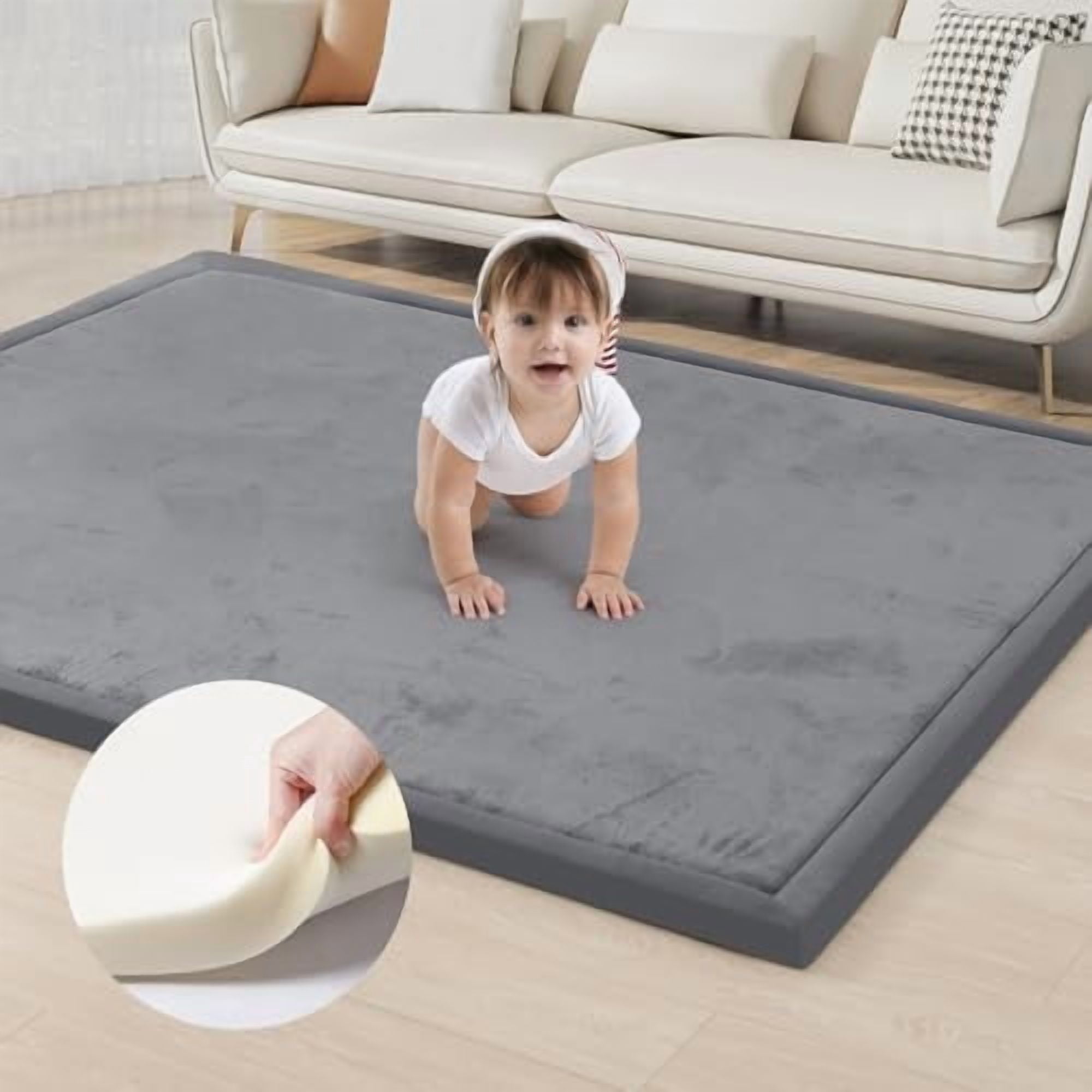 ACOMOPACK Baby Play Mat for Floor 1.3" Thick Memory Foam Play Mat 71"×79" Tummy Time Crawling with Non-Slip Bottom for Living Room,Nursery,Soft Velvet Playpen Mats for Kids,Infants