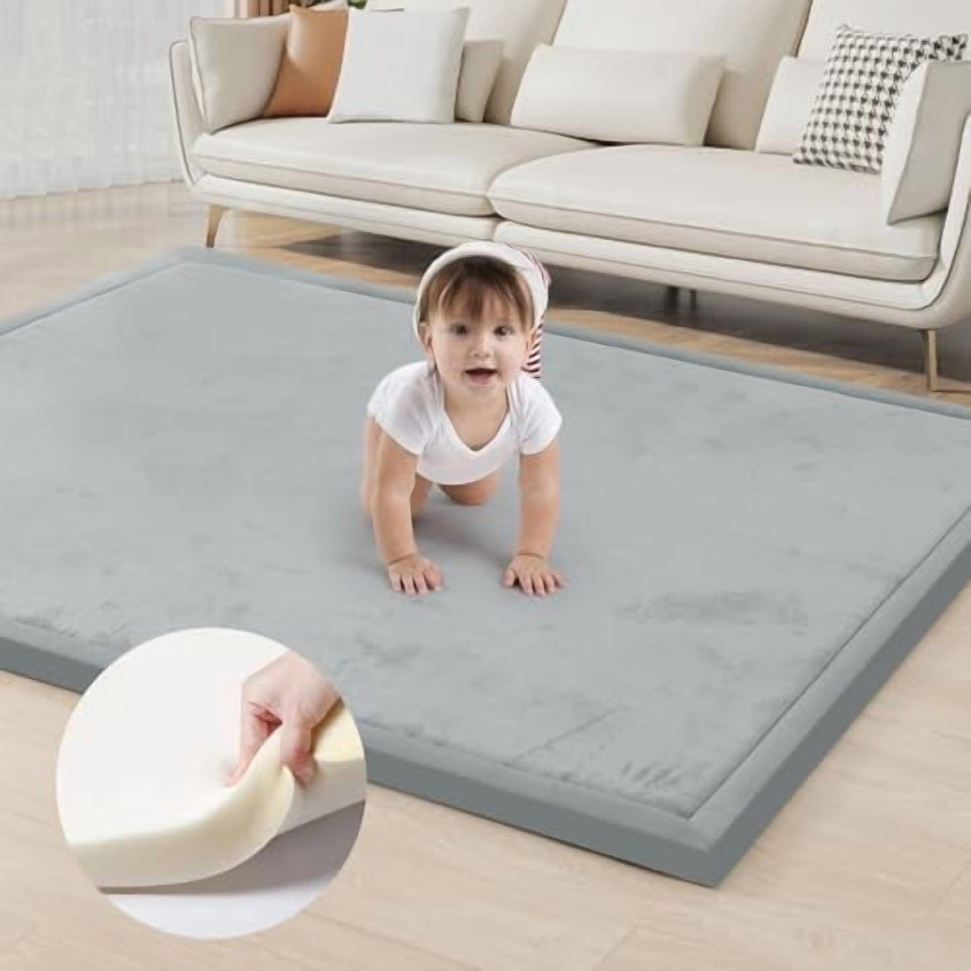 ACOMOPACK Baby Play Mat for Floor 1.3" Thick Memory Foam Play Mat 71"×79" Tummy Time Crawling with Non-Slip Bottom for Living Room,Nursery,Soft Velvet Playpen Mats for Kids,Infants