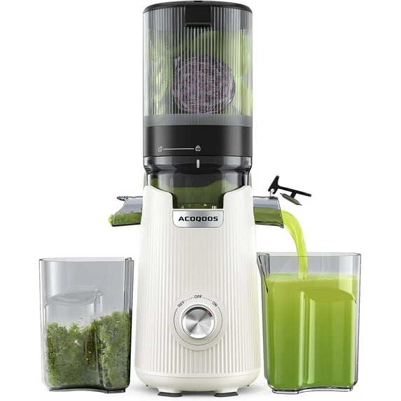 ACOQOOS Juicer Machines, Cold Press Juicer Whole Fruit and Vegetable with 5.3" Wider and Larger Feeding Chute (Capacity 1.8L), Easy to Clean Juicers with 2 Cups, Masticating Juicer White