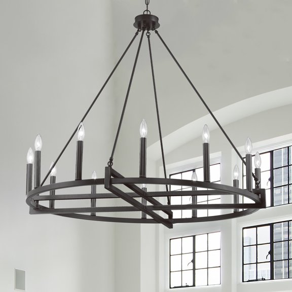 ACROMA 12-light 41In Farmhouse Black Geometric Wheel Chandelier - N/A Aged Zinc Satin, Matte Adjustable, Over 60 Inches Painted