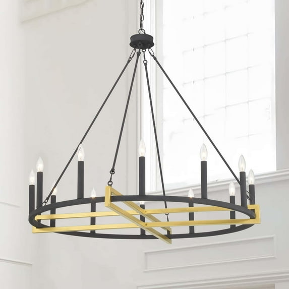 ACROMA 12-light 41In Farmhouse Black Geometric Wheel Chandelier - N/A Satin Brass & Aged Zinc Satin, Matte Adjustable, Over 60 Inches Gold, Brass,