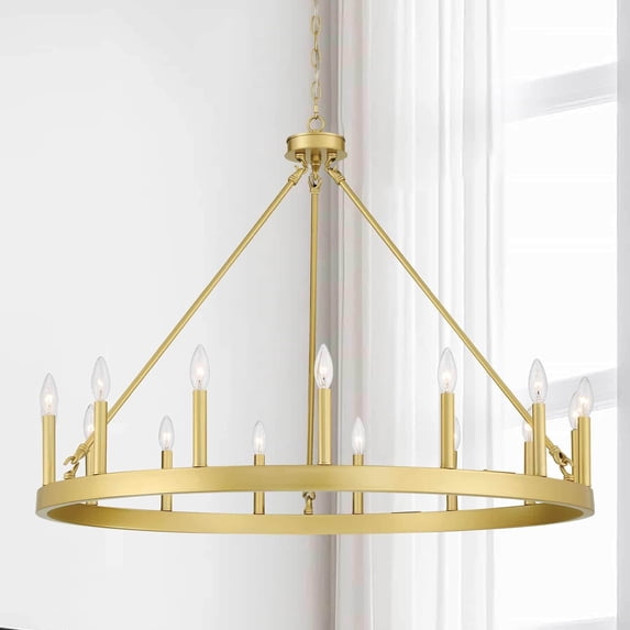 ACROMA 15-light Farmhouse Large Wagon Wheel Candle Chandelier with UL Certified - D40'' * H130'' Satin Brass Satin Adjustable Gold, Brass, Painted