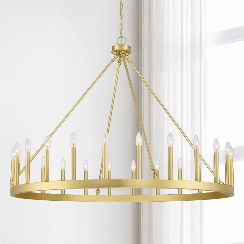 Satin Brass 24-Light Wagon Wheel Candle Chandelier